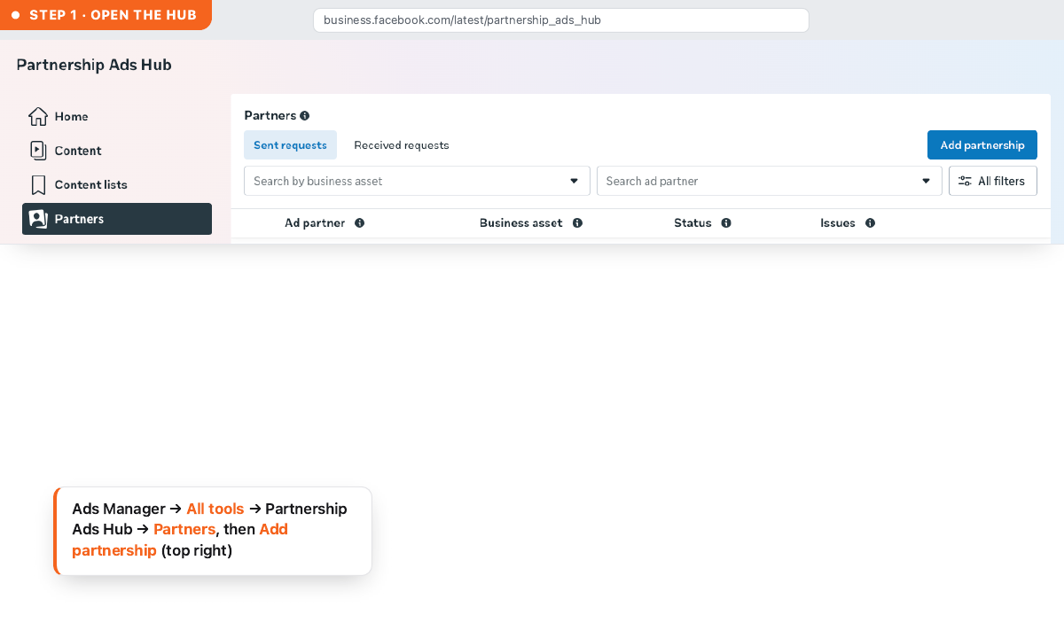 Step 1 — open the Partnership Ads Hub