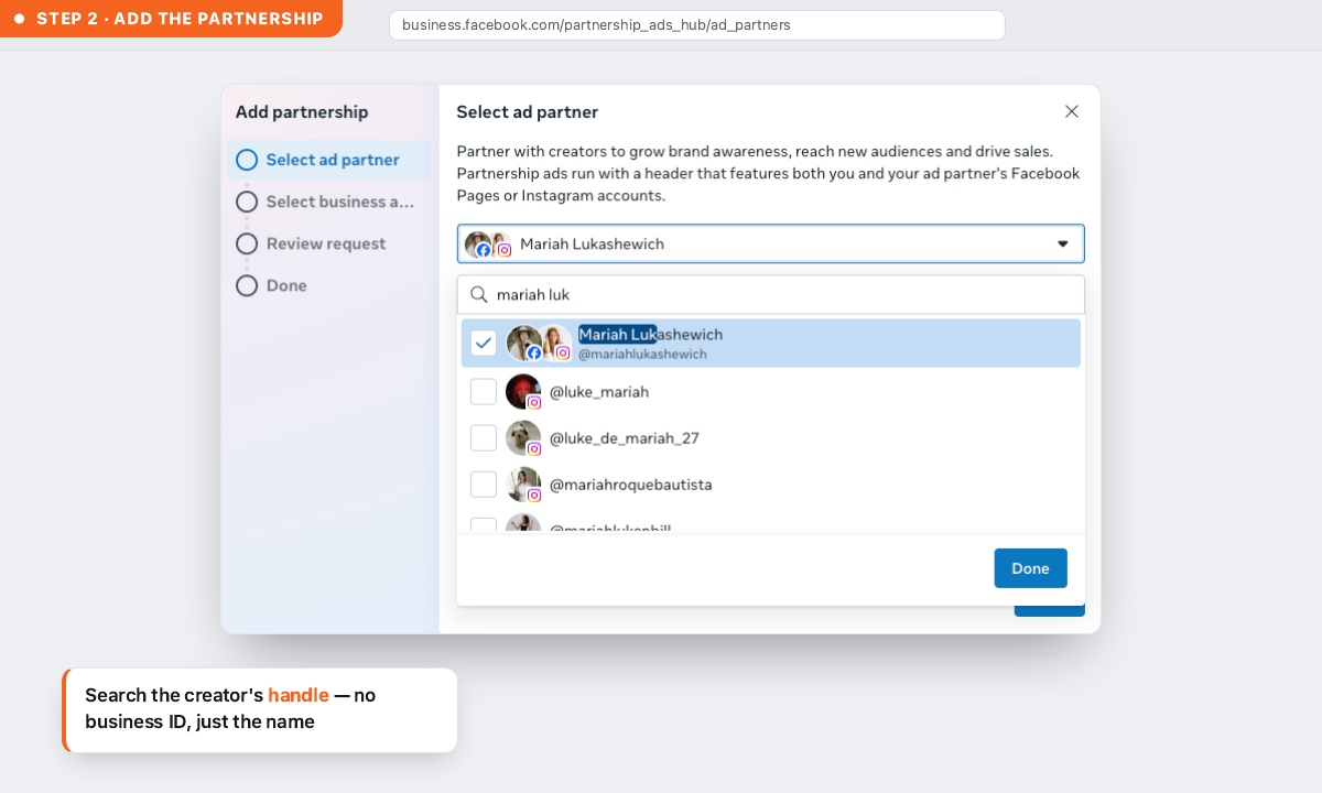 Step 2 — search the creator's handle